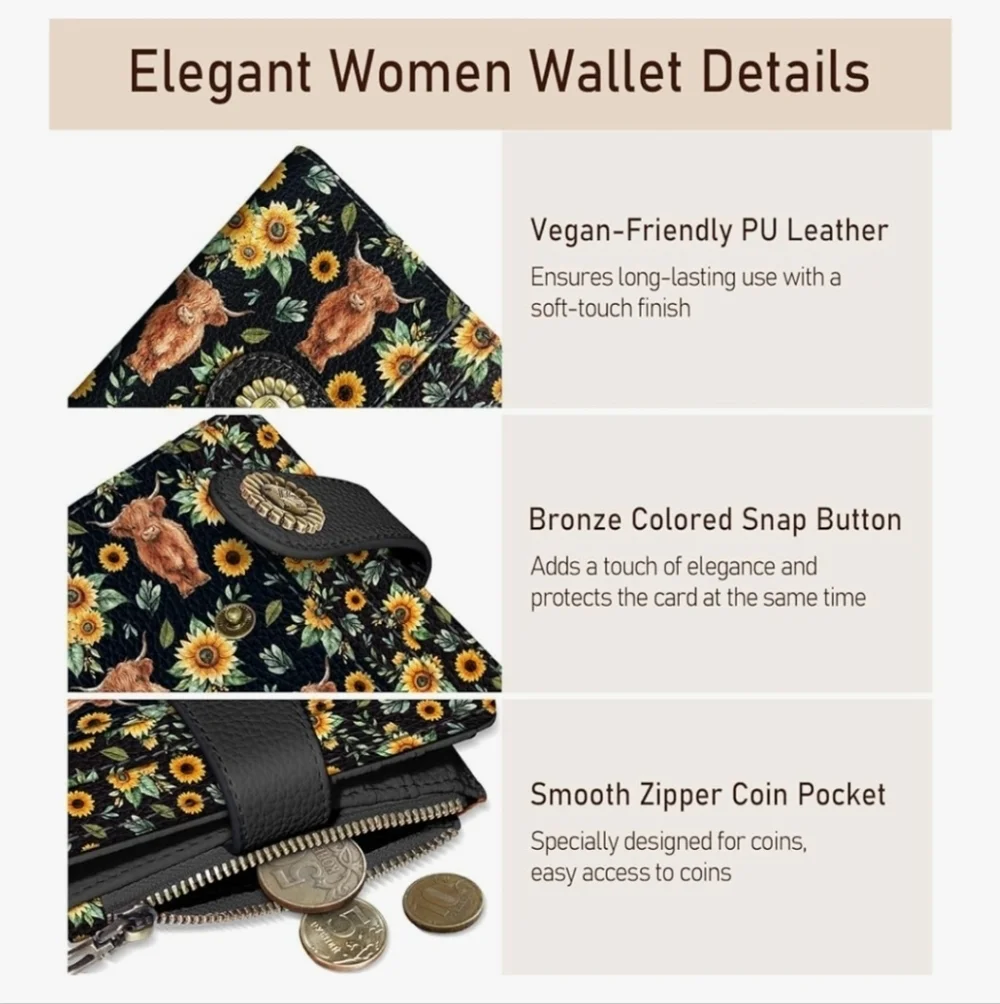 Floral RFID-Blocking Wallet Case - Black Brown Cow Sunflower